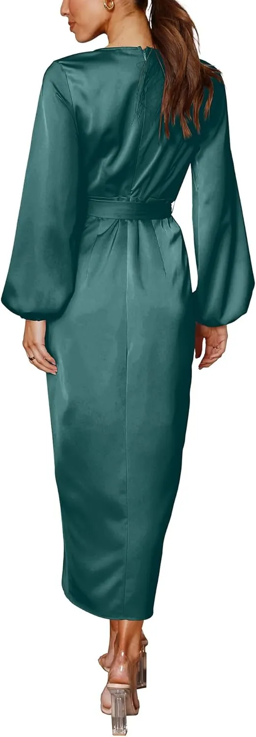 Cosonsen Women's Long Sleeve V-Neck Tie Waist Split Formal Cocktail Wedding Guest Dresses