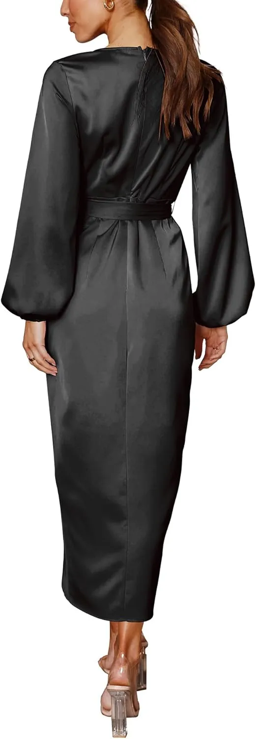 Cosonsen Women's Long Sleeve V-Neck Tie Waist Split Formal Cocktail Wedding Guest Dresses