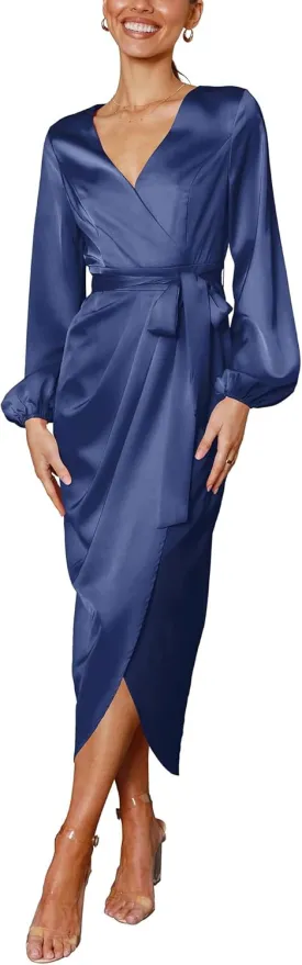 Cosonsen Women's Long Sleeve V-Neck Tie Waist Split Formal Cocktail Wedding Guest Dresses