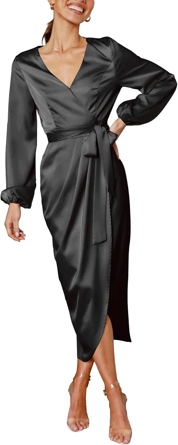 Cosonsen Women's Long Sleeve V-Neck Tie Waist Split Formal Cocktail Wedding Guest Dresses