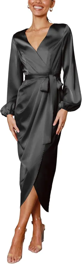 Cosonsen Women's Long Sleeve V-Neck Tie Waist Split Formal Cocktail Wedding Guest Dresses