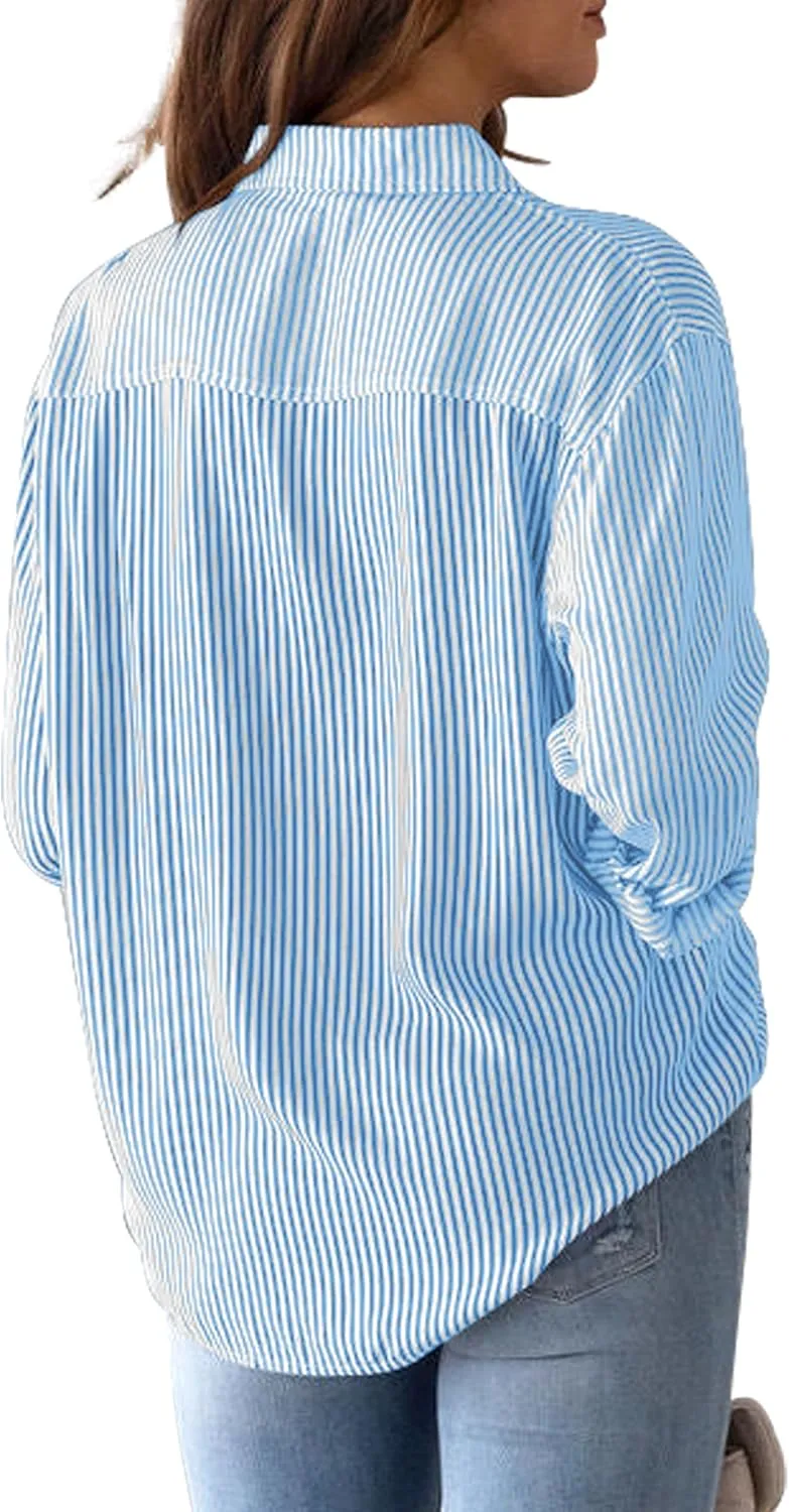 CUNLIN Grade 4 Wrinkle-Resistant Women's Button Down Shirts Striped Long Sleeve Collared Blouses Tops with Pocket