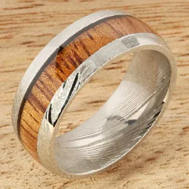 Damascus Steel Natural Koa Wood Oval Wedding Ring 8mm