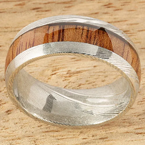Damascus Steel Natural Koa Wood Oval Wedding Ring 8mm