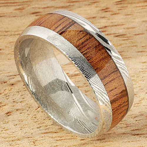 Damascus Steel Natural Koa Wood Oval Wedding Ring 8mm