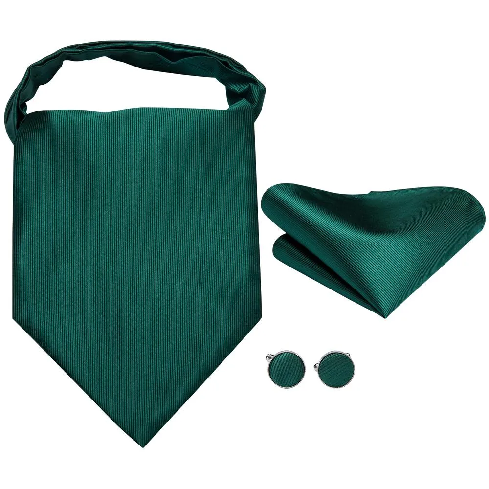 Dark Green Designer Silk Ascot Tie Pocket Square Cufflinks Set