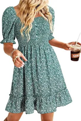 Dokotoo Womens Casual Summer Dresses Short Sleeve Square Neck Smocked Boho Floral Sundress Flowy A-Line Mini Dress