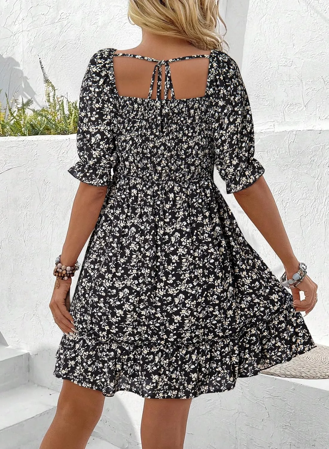 Dokotoo Womens Casual Summer Dresses Short Sleeve Square Neck Smocked Boho Floral Sundress Flowy A-Line Mini Dress