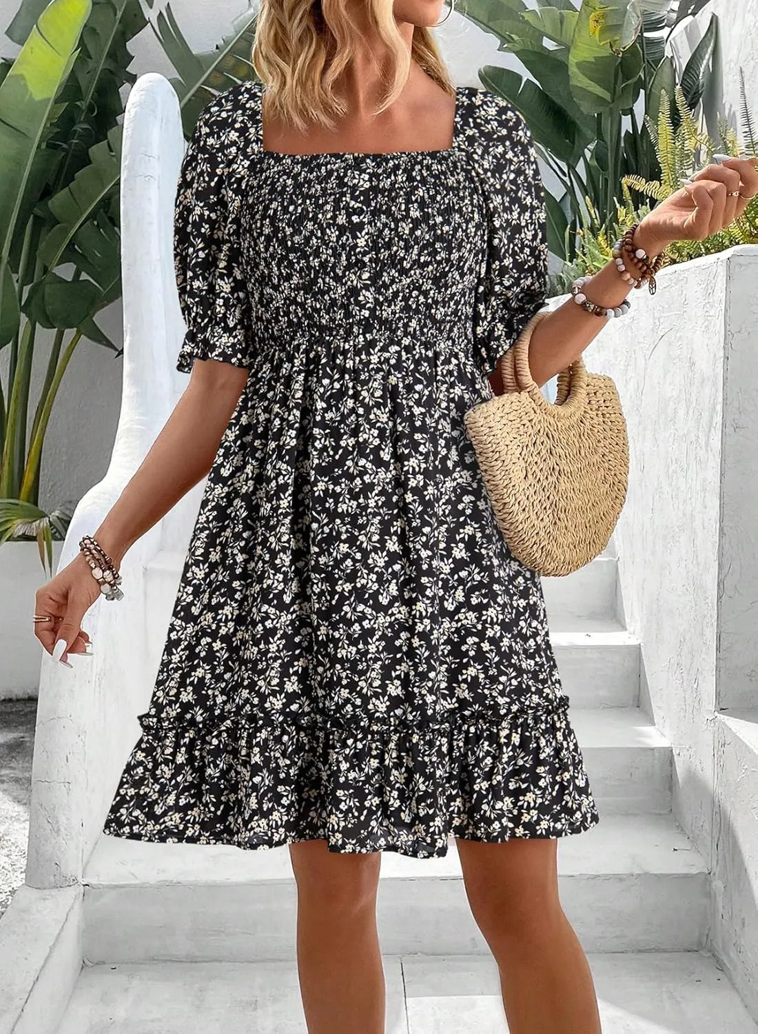 Dokotoo Womens Casual Summer Dresses Short Sleeve Square Neck Smocked Boho Floral Sundress Flowy A-Line Mini Dress