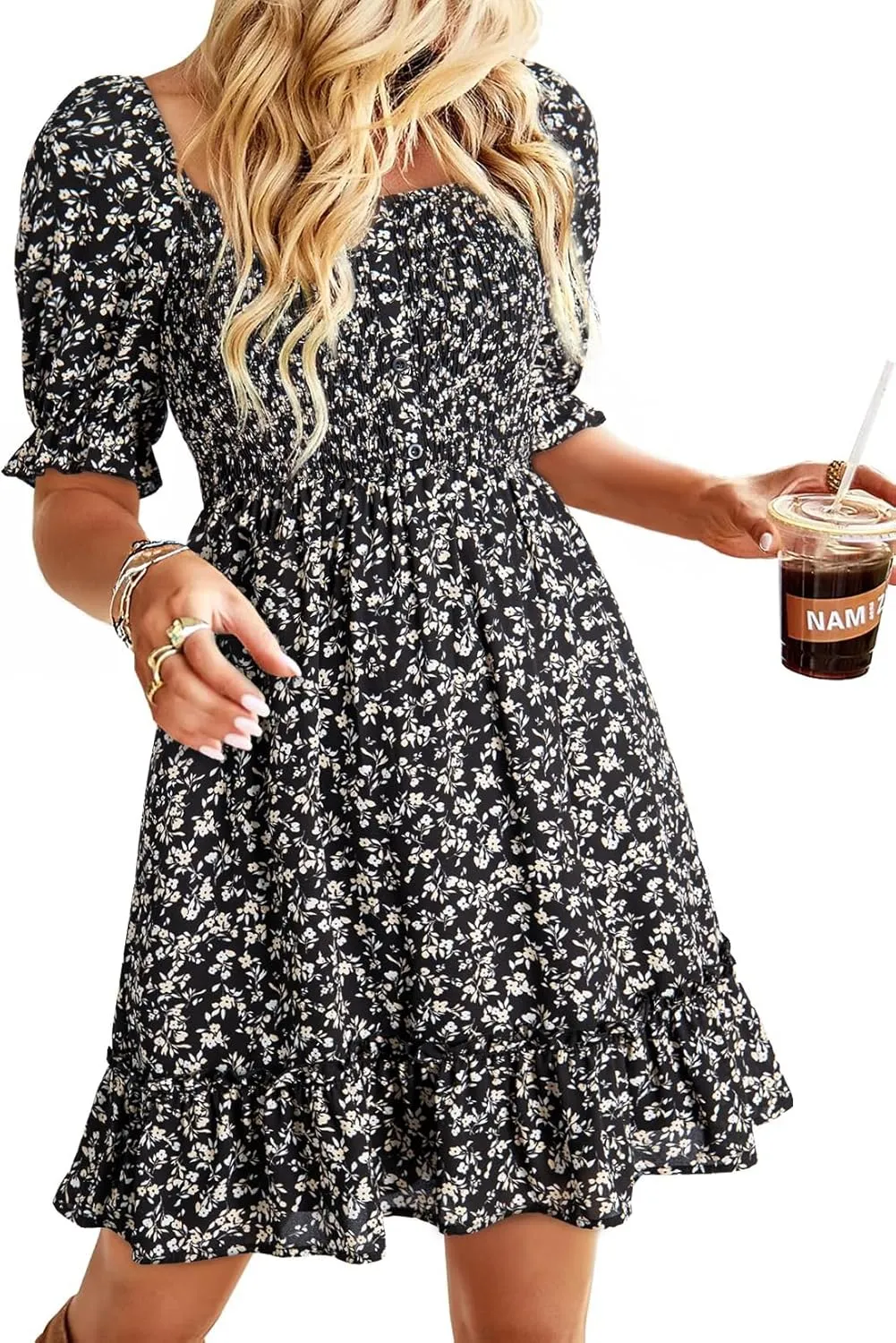 Dokotoo Womens Casual Summer Dresses Short Sleeve Square Neck Smocked Boho Floral Sundress Flowy A-Line Mini Dress