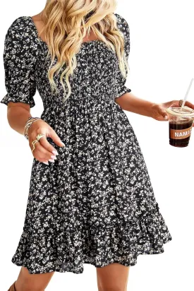 Dokotoo Womens Casual Summer Dresses Short Sleeve Square Neck Smocked Boho Floral Sundress Flowy A-Line Mini Dress