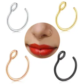Fake Nose Ring Hoop Set,Faux Piercing Jewelry 20G 8mm Fake Nose Ring Hoop for Faux Lip Septum Nose Ring Set (4PCS Set-Silver/Gold/Black/Rose)