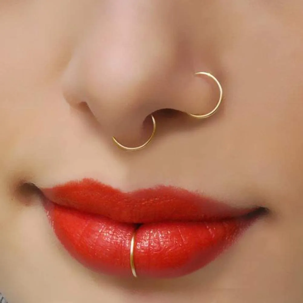 Fake Nose Ring Hoop Set,Faux Piercing Jewelry 20G 8mm Fake Nose Ring Hoop for Faux Lip Septum Nose Ring Set (4PCS Set-Silver/Gold/Black/Rose)