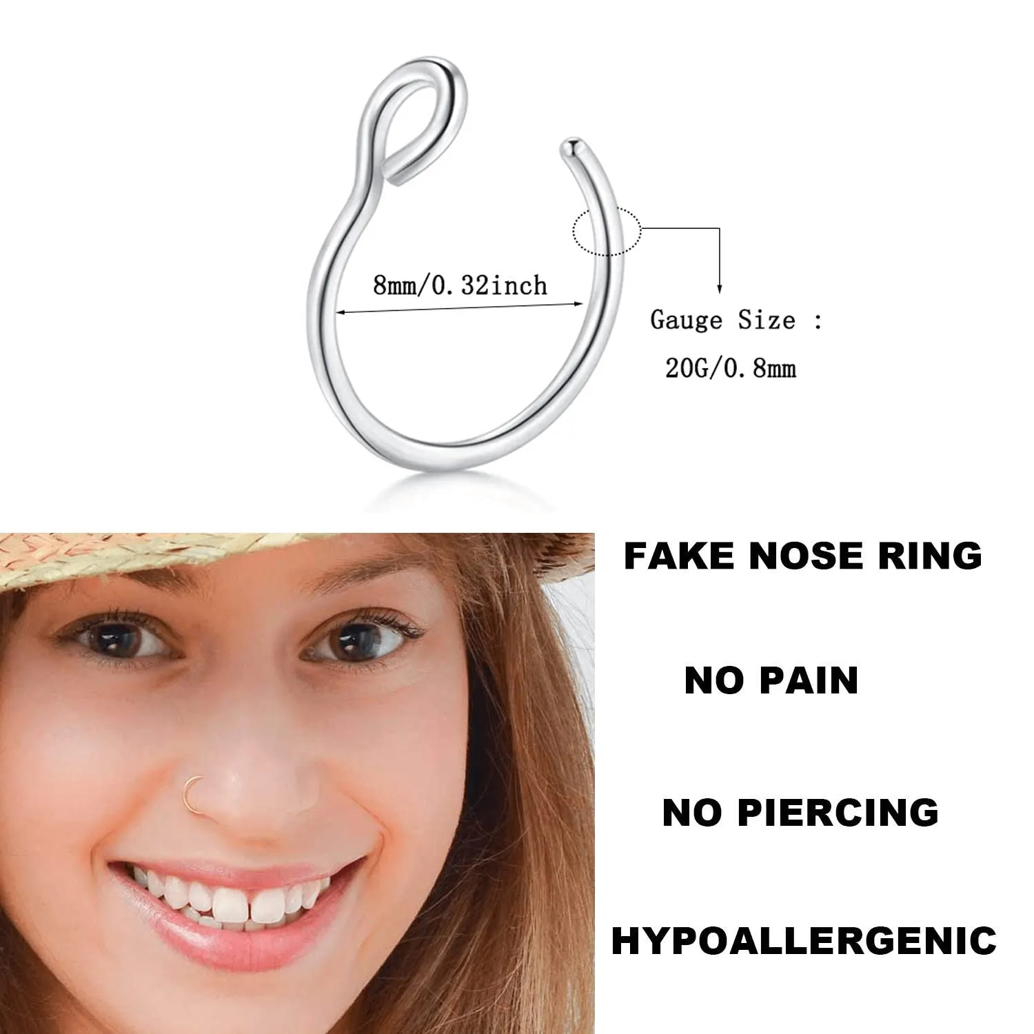Fake Nose Ring Hoop Set,Faux Piercing Jewelry 20G 8mm Fake Nose Ring Hoop for Faux Lip Septum Nose Ring Set (4PCS Set-Silver/Gold/Black/Rose)