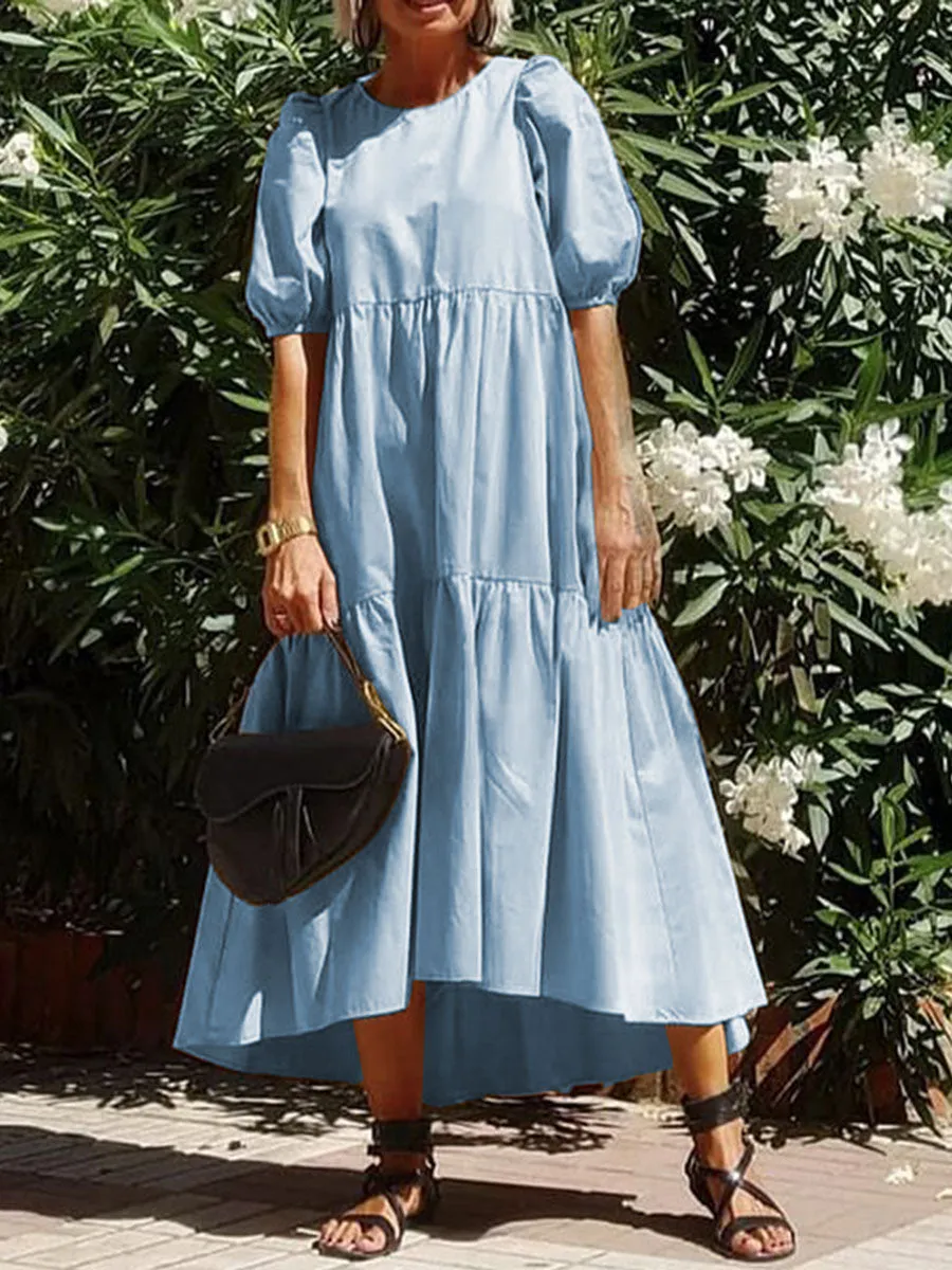 Fashionable Solid Color Round Neck Dress
