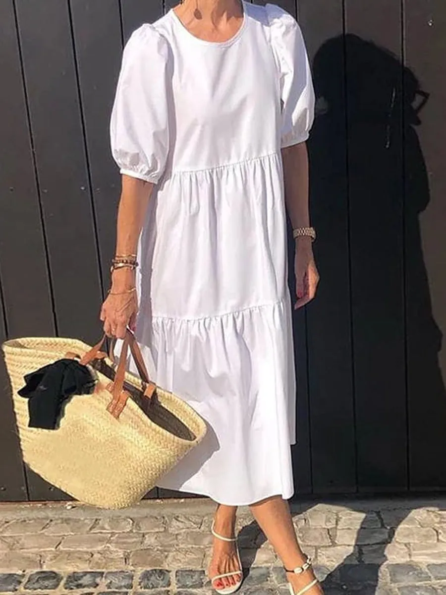 Fashionable Solid Color Round Neck Dress