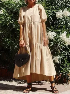 Fashionable Solid Color Round Neck Dress