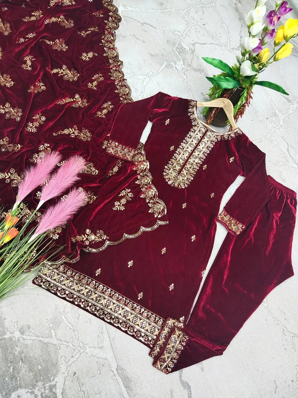 Fashionable Velvet Red Color Salwar Suit