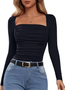 Florboom Women's Ruched Fitted Tops Square Neck Long Sleeve T-Shirts Going Out Tees