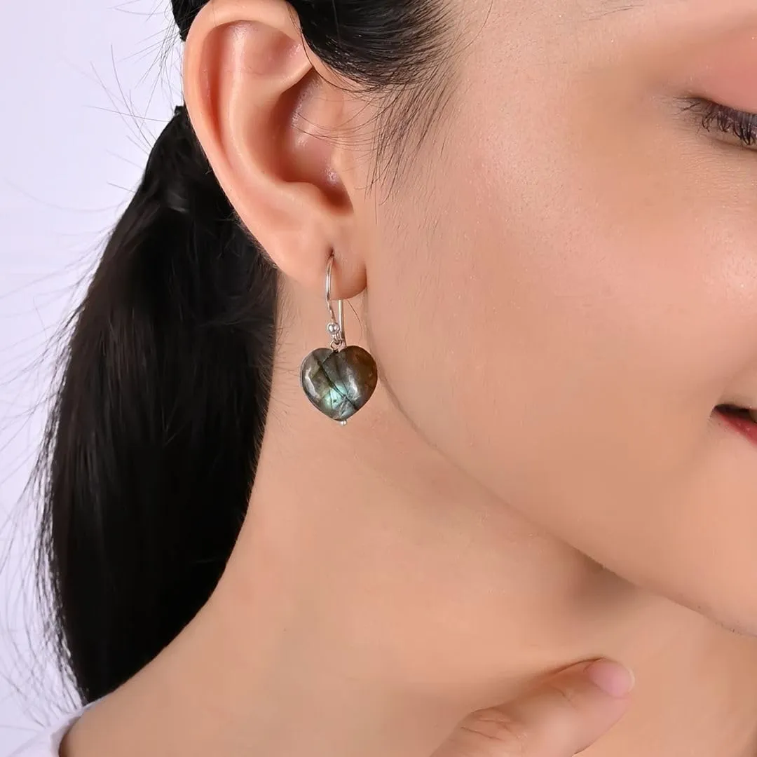 Gempires Natural Labradorite Dangle Earrings Lightweight Crystal Love Heart Gemstone Jewelry Hypoallergenic Silver Plated Perfect Elegant Dangling Earrings