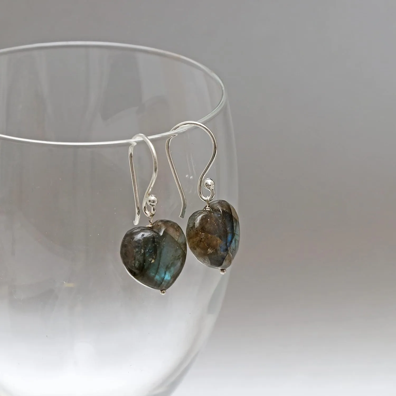 Gempires Natural Labradorite Dangle Earrings Lightweight Crystal Love Heart Gemstone Jewelry Hypoallergenic Silver Plated Perfect Elegant Dangling Earrings
