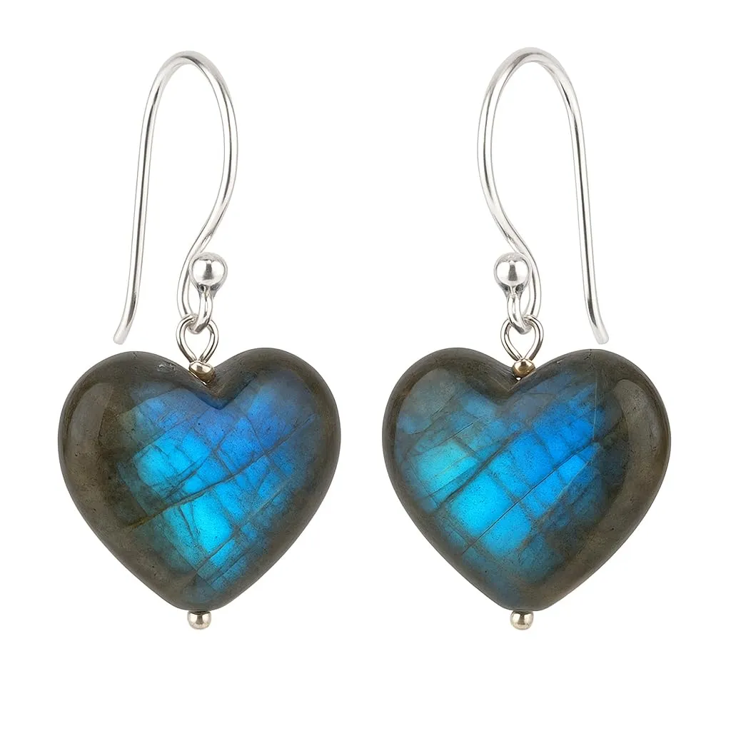 Gempires Natural Labradorite Dangle Earrings Lightweight Crystal Love Heart Gemstone Jewelry Hypoallergenic Silver Plated Perfect Elegant Dangling Earrings
