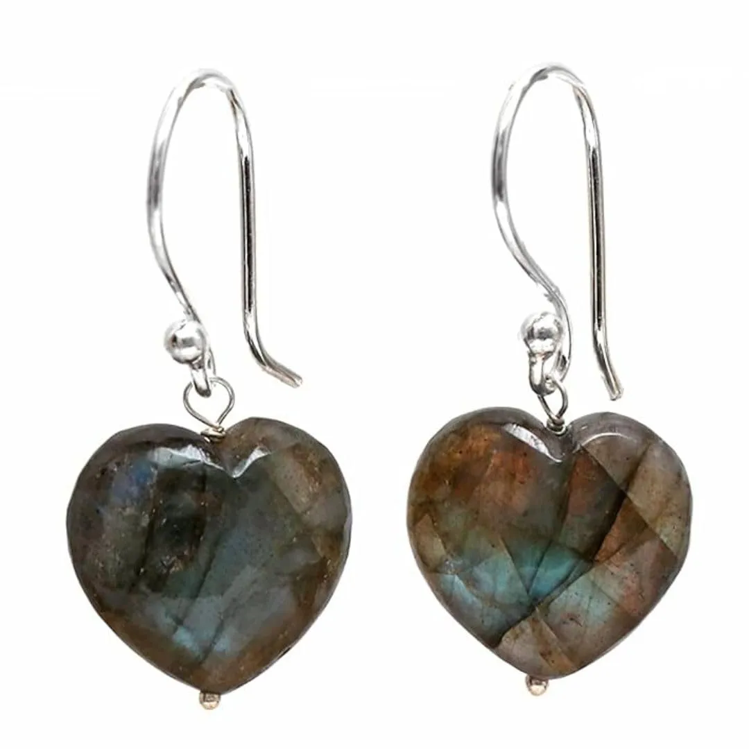 Gempires Natural Labradorite Dangle Earrings Lightweight Crystal Love Heart Gemstone Jewelry Hypoallergenic Silver Plated Perfect Elegant Dangling Earrings