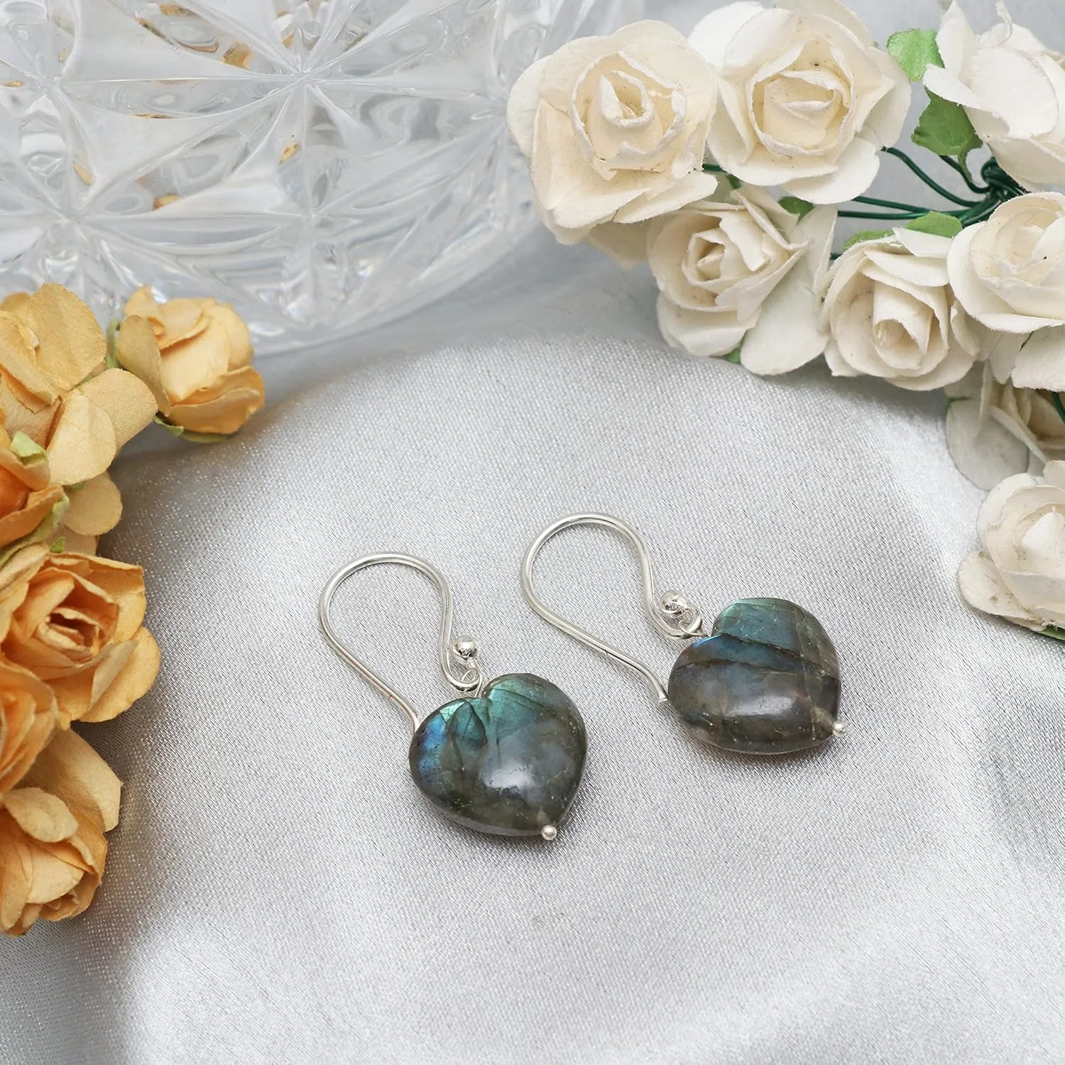 Gempires Natural Labradorite Dangle Earrings Lightweight Crystal Love Heart Gemstone Jewelry Hypoallergenic Silver Plated Perfect Elegant Dangling Earrings