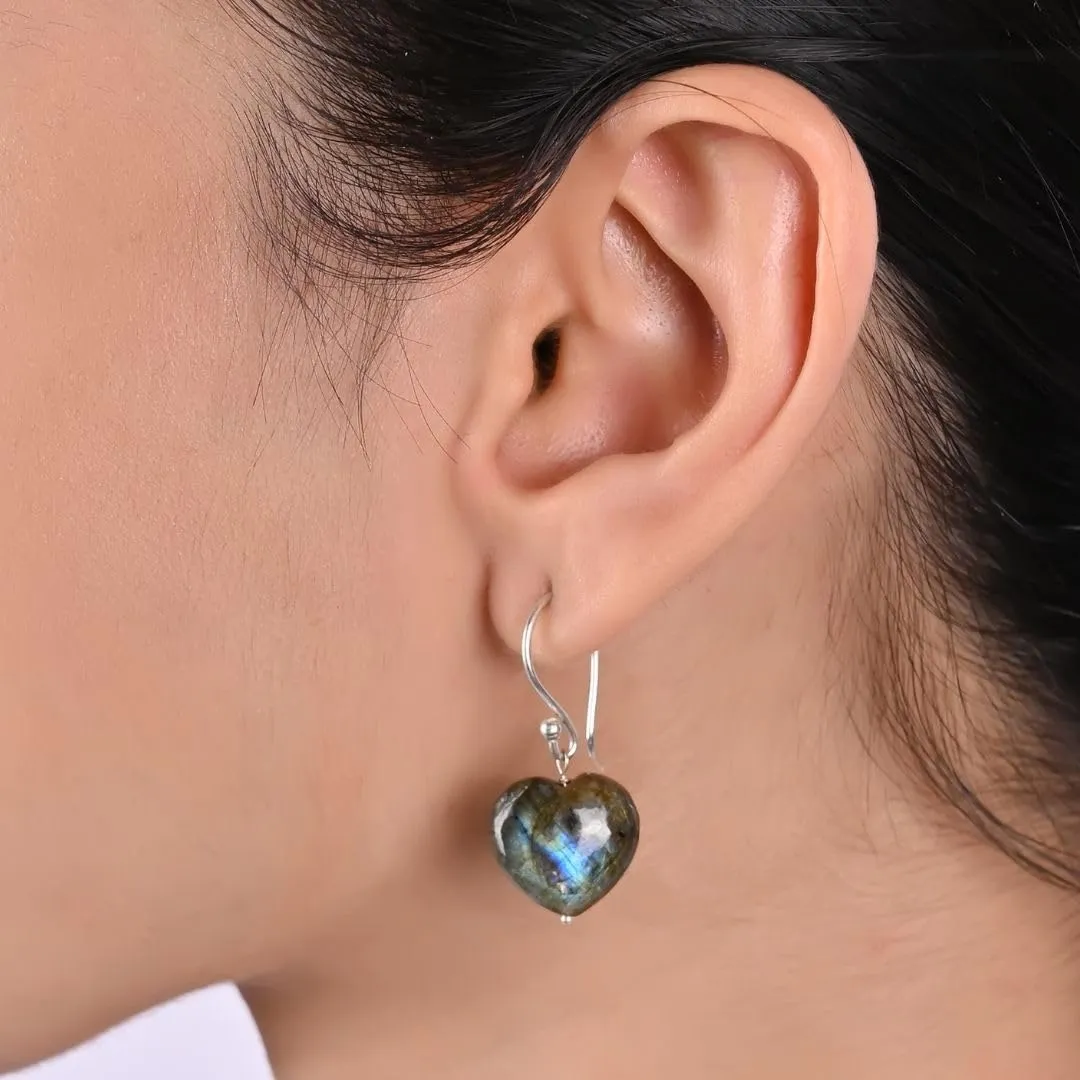 Gempires Natural Labradorite Dangle Earrings Lightweight Crystal Love Heart Gemstone Jewelry Hypoallergenic Silver Plated Perfect Elegant Dangling Earrings