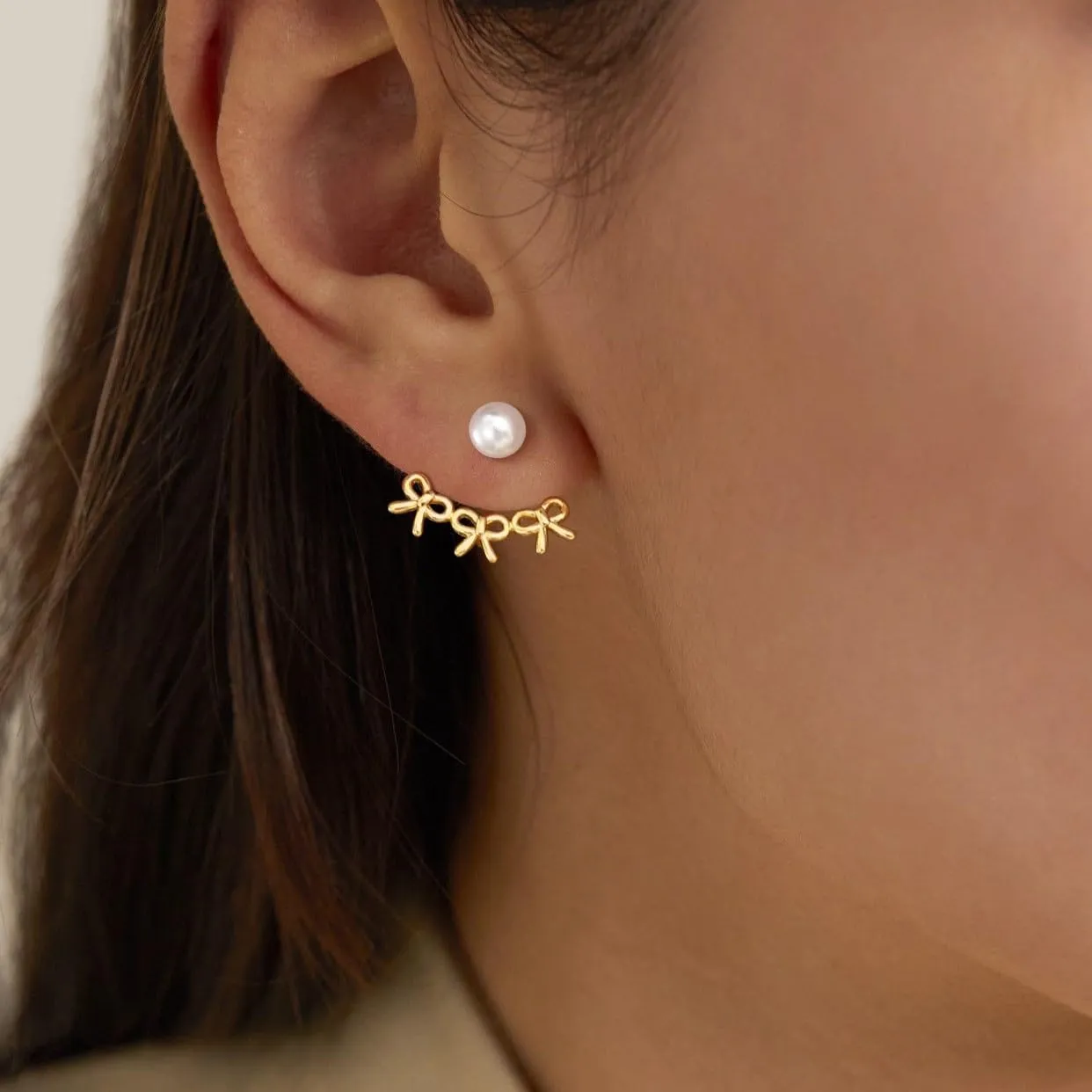 Gold Bow Earrings for Women, Dainty Rhinestone Stud, Cute Pearl Earring Jackets, Hypoallergenic Earrings for Sensitive Ears