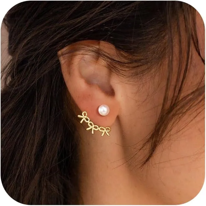 Gold Bow Earrings for Women, Dainty Rhinestone Stud, Cute Pearl Earring Jackets, Hypoallergenic Earrings for Sensitive Ears