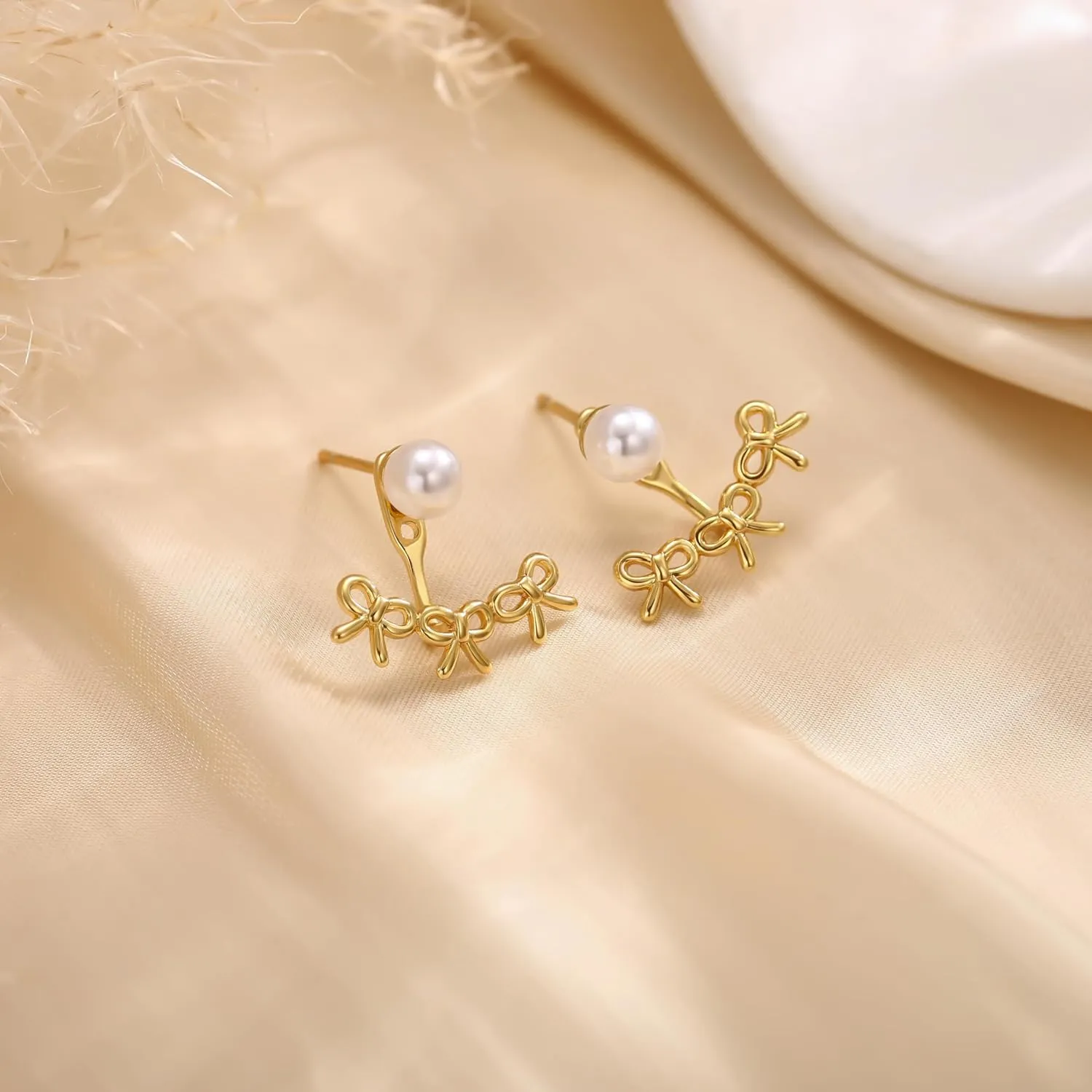 Gold Bow Earrings for Women, Dainty Rhinestone Stud, Cute Pearl Earring Jackets, Hypoallergenic Earrings for Sensitive Ears
