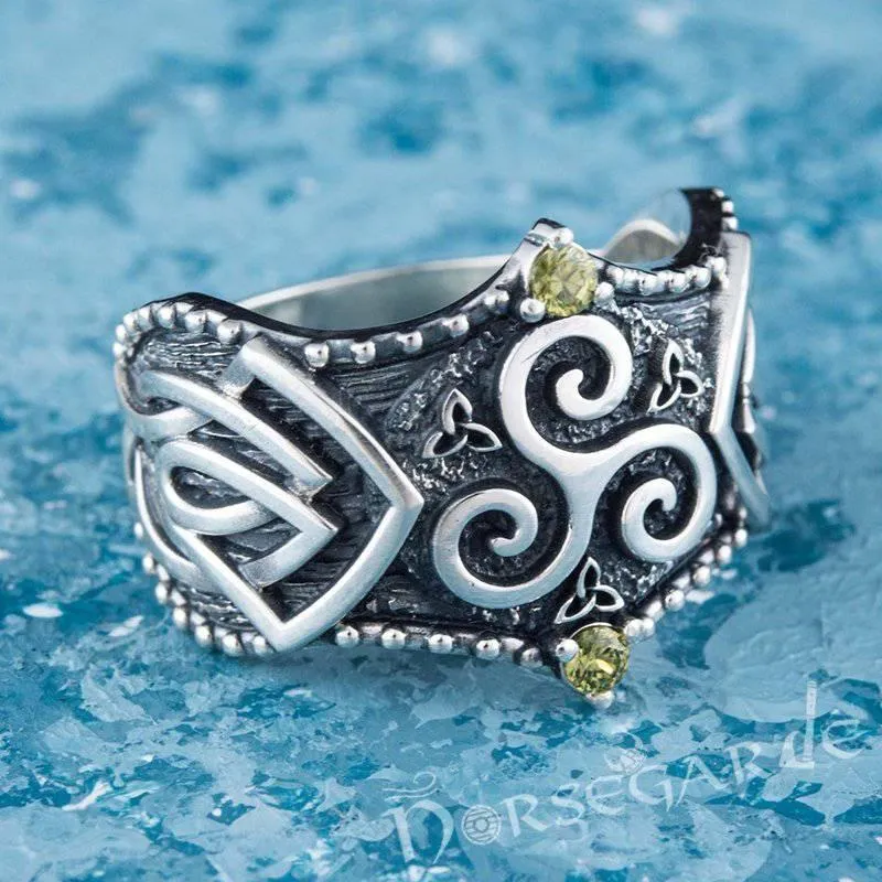 Handcrafted Gemmed Triskelion Celtic Ring - Sterling Silver