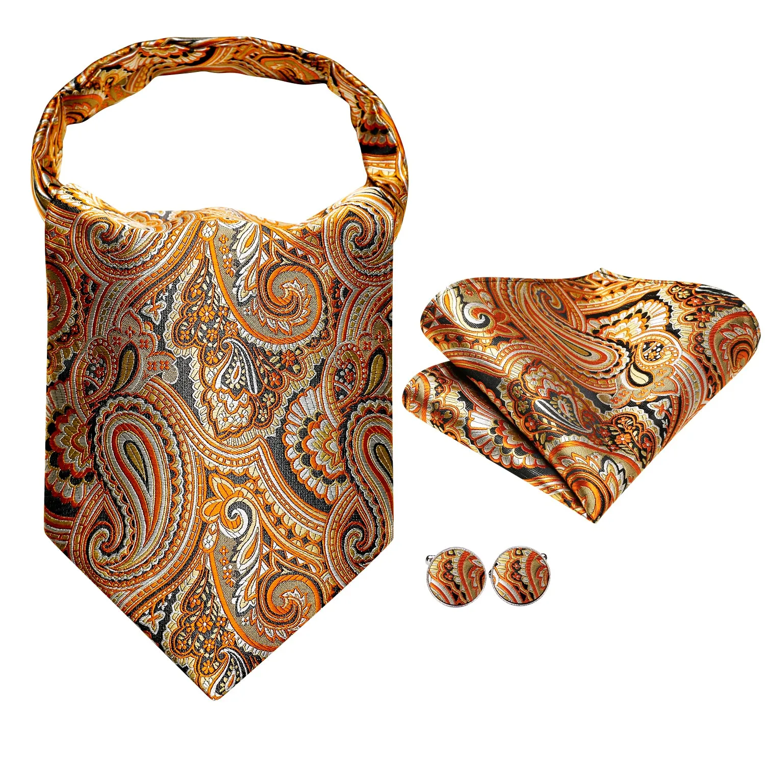 Hi-Tie Orange Necktie Black Paisley Ascot Pocket Square Cufflinks Set