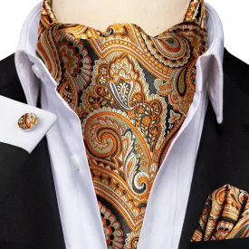 Hi-Tie Orange Necktie Black Paisley Ascot Pocket Square Cufflinks Set