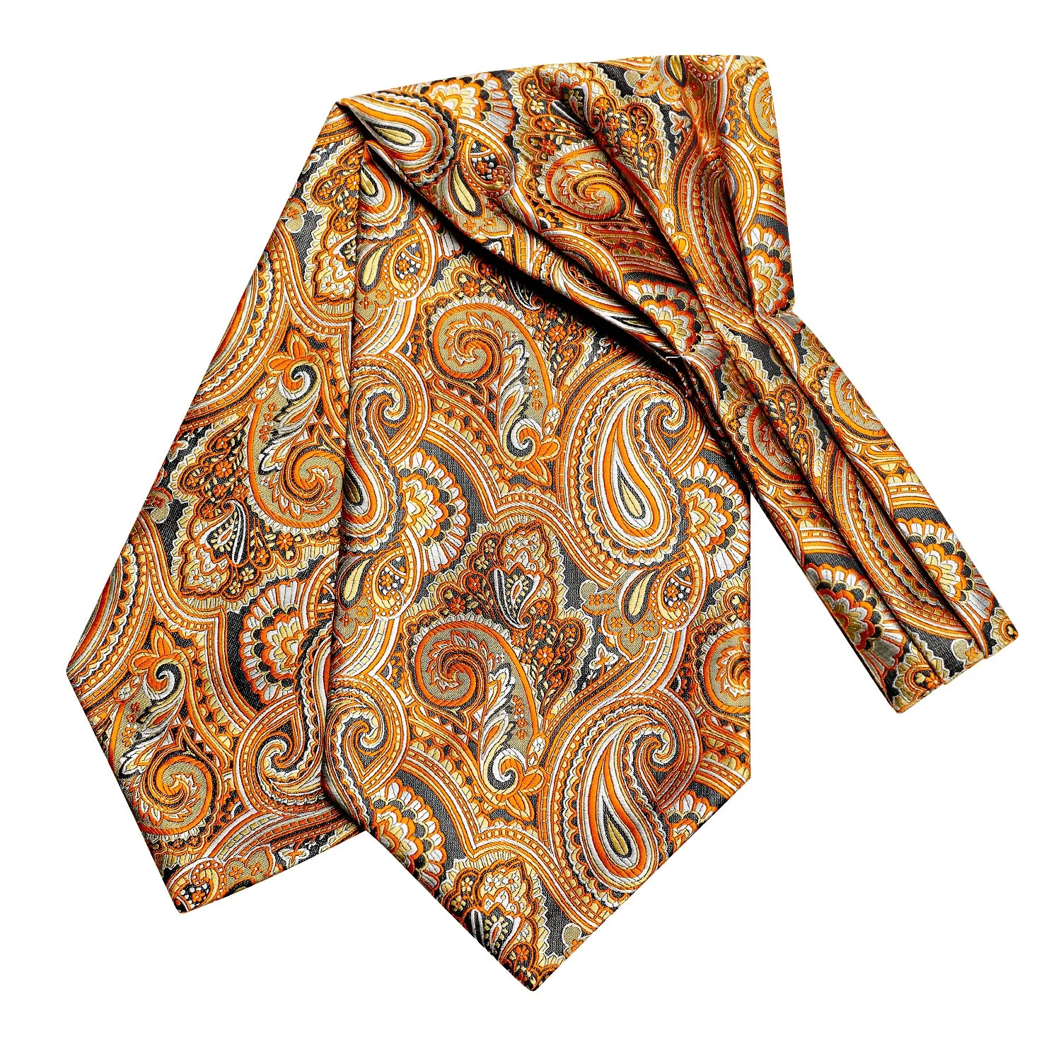Hi-Tie Orange Necktie Black Paisley Ascot Pocket Square Cufflinks Set