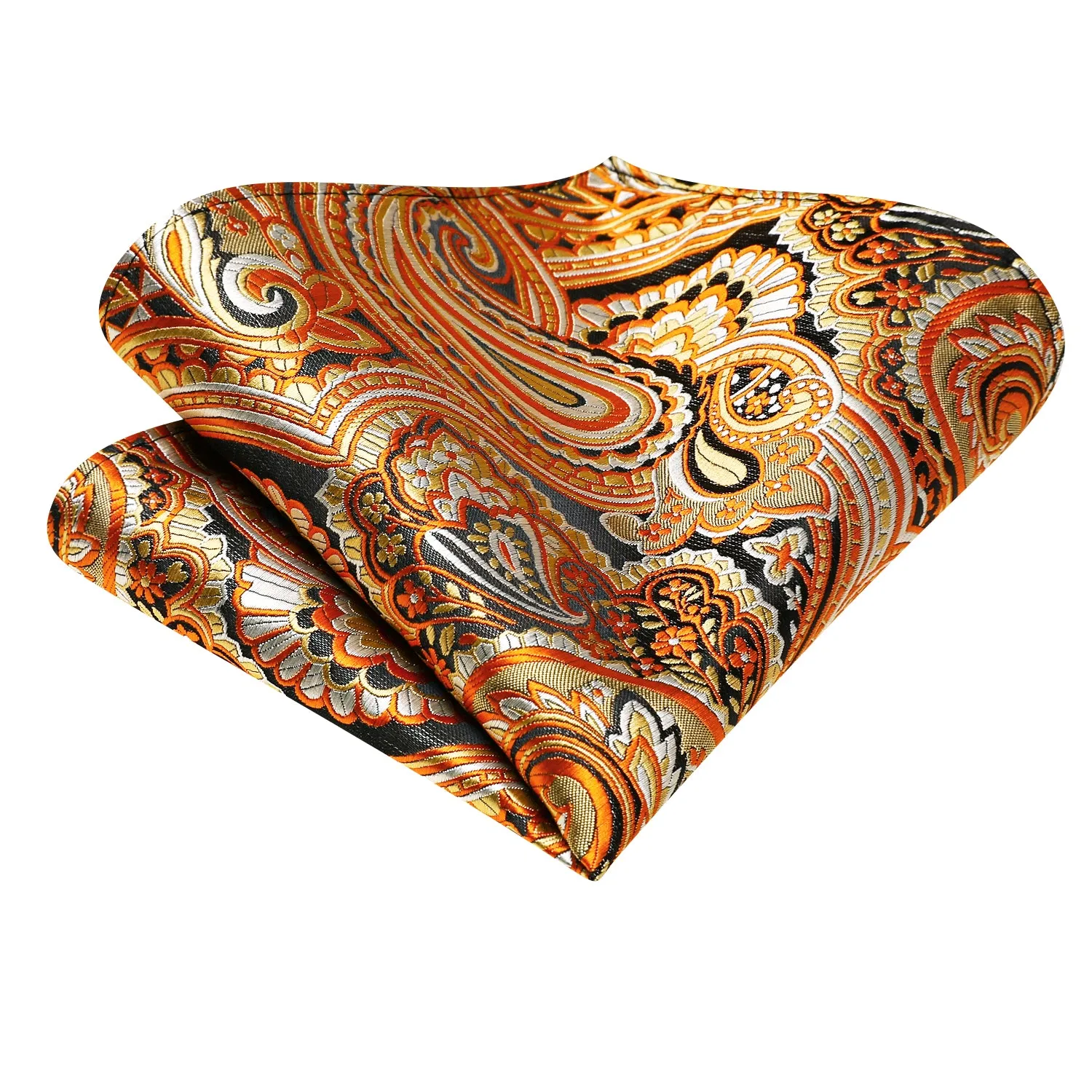 Hi-Tie Orange Necktie Black Paisley Ascot Pocket Square Cufflinks Set