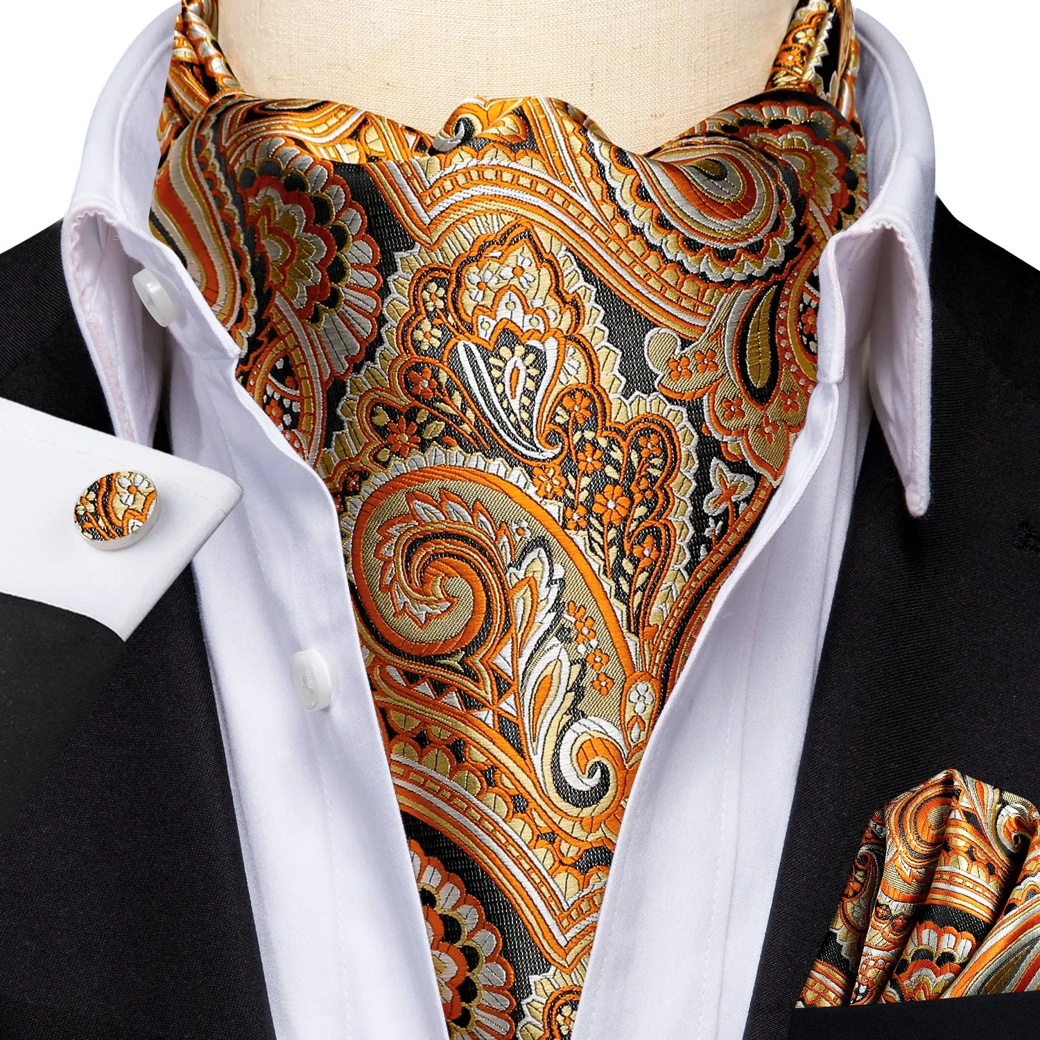 Hi-Tie Orange Necktie Black Paisley Ascot Pocket Square Cufflinks Set