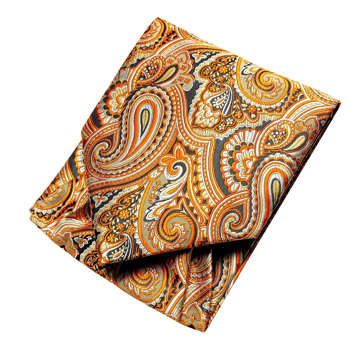 Hi-Tie Orange Necktie Black Paisley Ascot Pocket Square Cufflinks Set