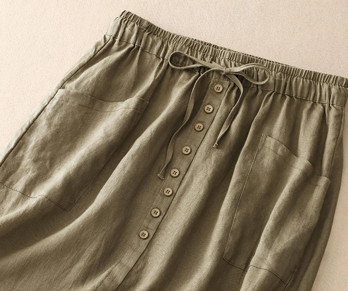 IDEALSANXUN Linen Skirts for Women Summer A Line Flowy Casual Drawstring High Waist Button Down Midi Skirts with Slit