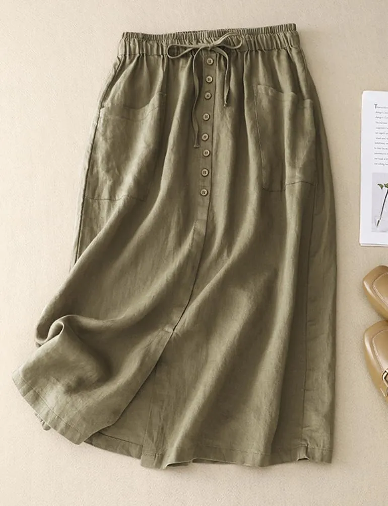 IDEALSANXUN Linen Skirts for Women Summer A Line Flowy Casual Drawstring High Waist Button Down Midi Skirts with Slit