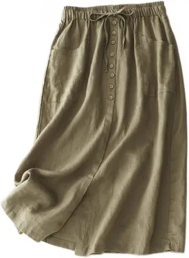 IDEALSANXUN Linen Skirts for Women Summer A Line Flowy Casual Drawstring High Waist Button Down Midi Skirts with Slit