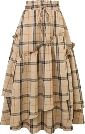 IDEALSANXUN Womens Long Plaid Skirts High Waisted A Line Renaissance Maxi Skirt with Pockets
