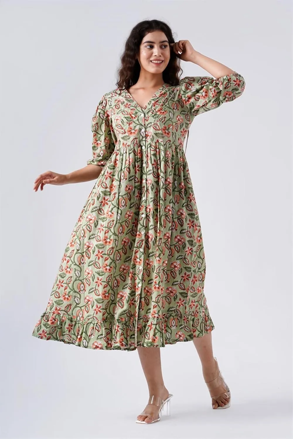 Indigo Bloom V-Neck Cotton Boho Midi Dress with Pockets Handmade Summer Beach Dress