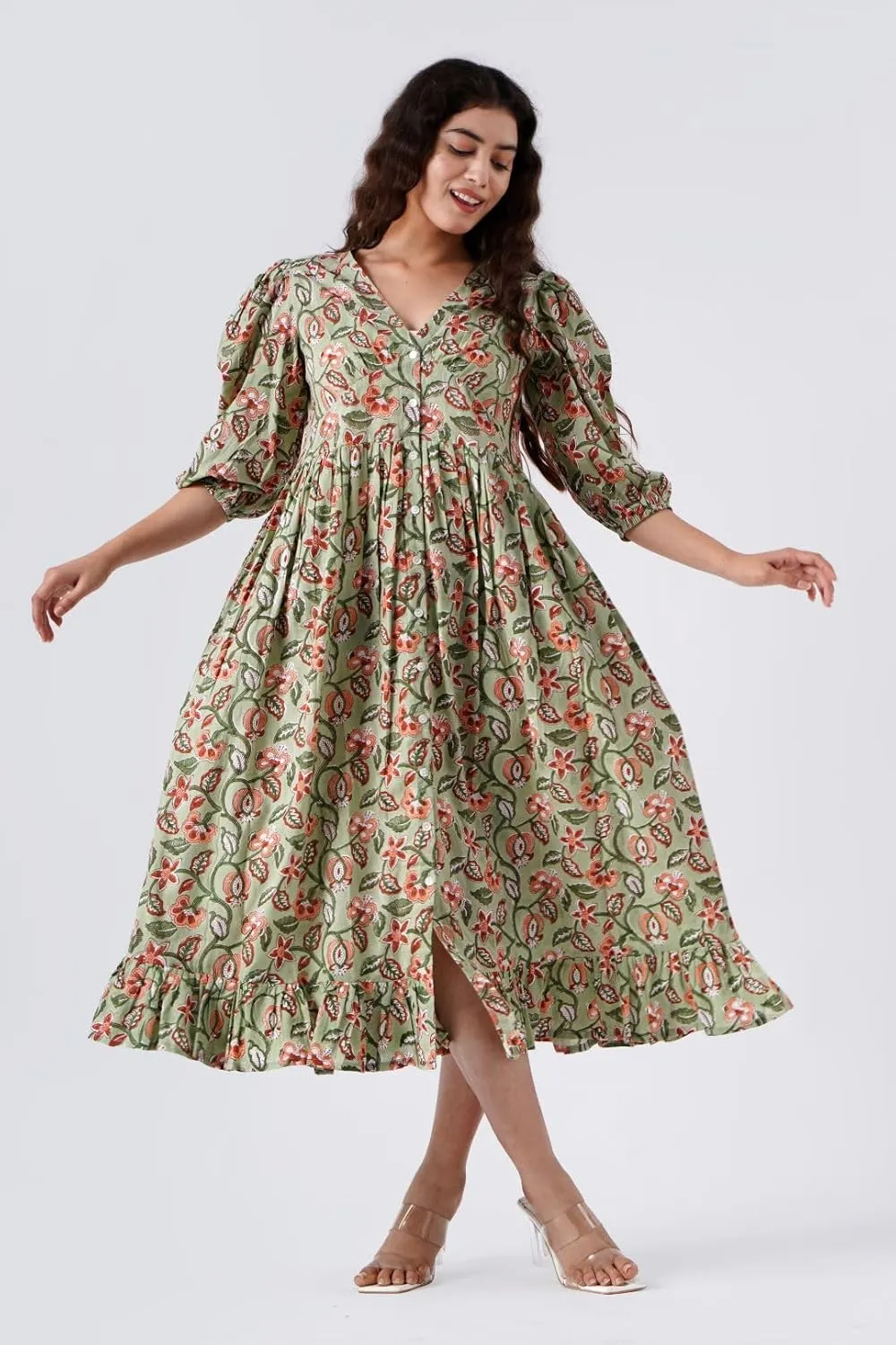 Indigo Bloom V-Neck Cotton Boho Midi Dress with Pockets Handmade Summer Beach Dress
