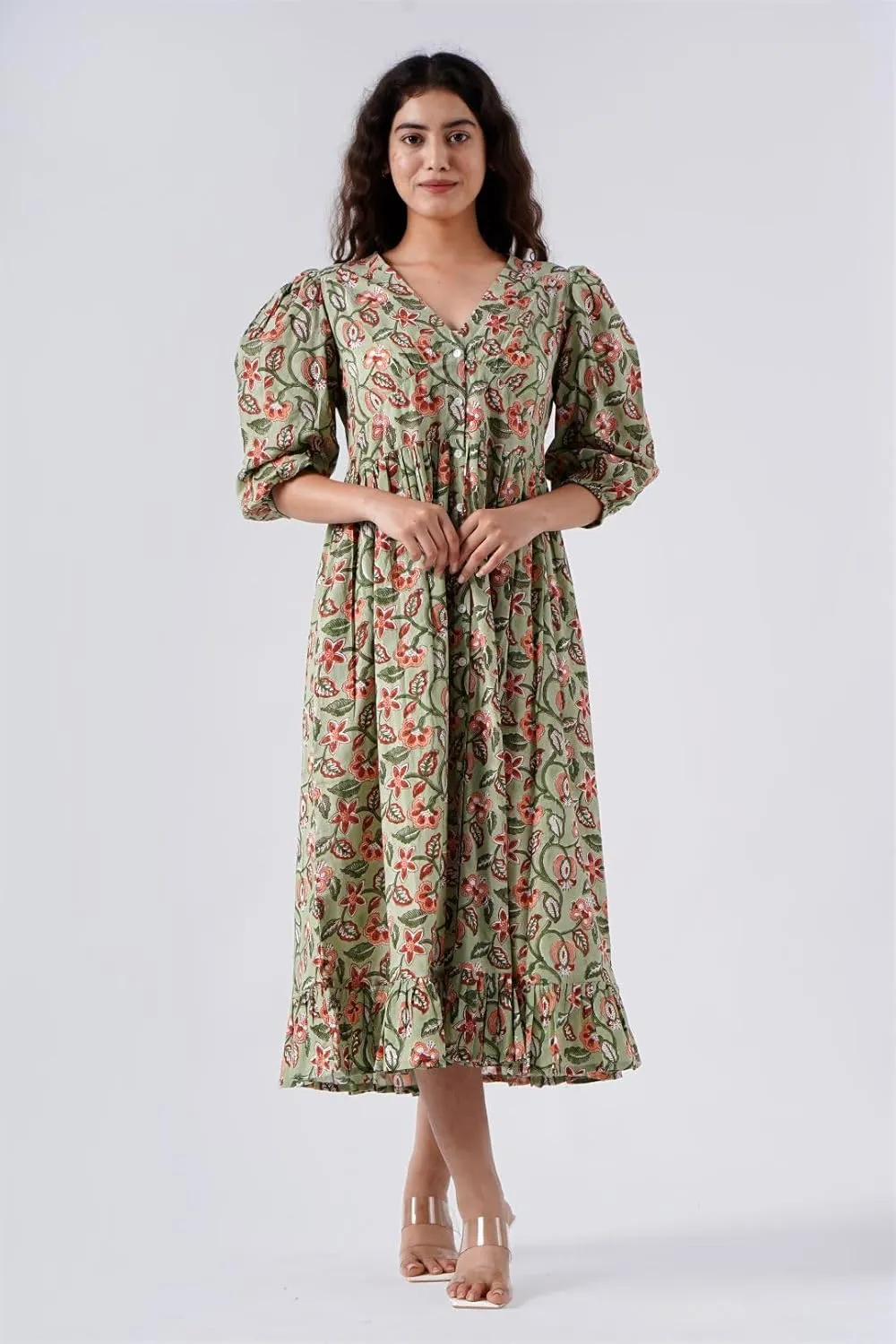 Indigo Bloom V-Neck Cotton Boho Midi Dress with Pockets Handmade Summer Beach Dress