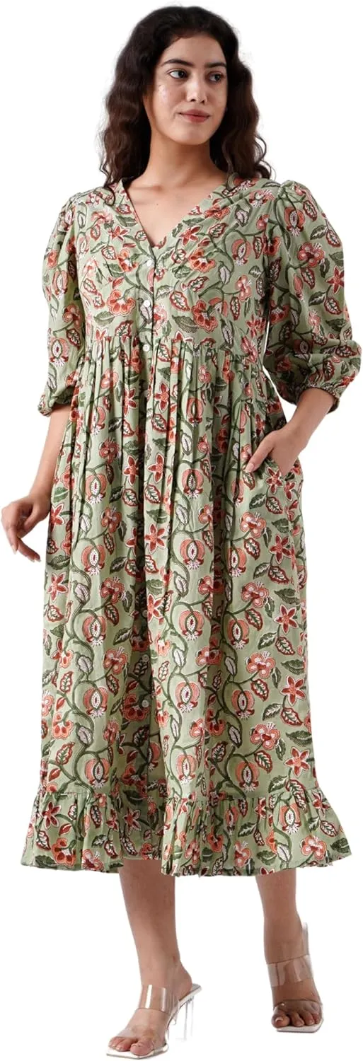 Indigo Bloom V-Neck Cotton Boho Midi Dress with Pockets Handmade Summer Beach Dress