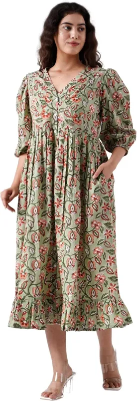 Indigo Bloom V-Neck Cotton Boho Midi Dress with Pockets Handmade Summer Beach Dress