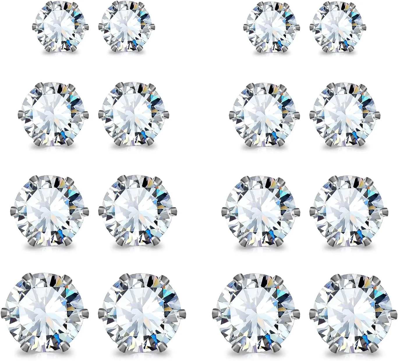 JewelrieShop Stud Earrings Surgical Steel Earrings for Sensitive Ears Stud Earrings Pack Hypoallergenic Cubic Zirconia Earrings for Women (Silver, 3-8mm, 5 Pairs / 6 Pairs / 8 Pairs)