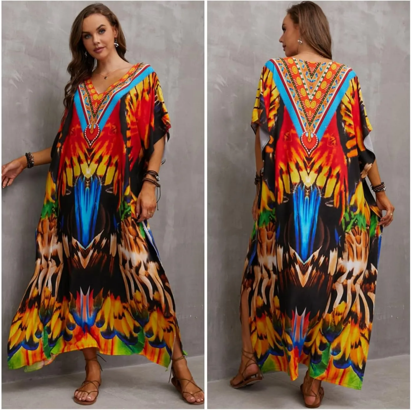 Kaftan Dresses for Women Plus Size Bathing Suit Cover up Batwing Sleeve Caftan Maxi Beach Dress